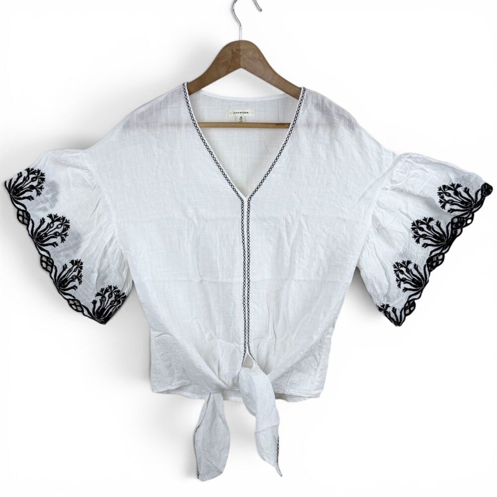 max studio boho embroidered kimono blouse black white relaxed artisan top size m - Picture 2 of 9